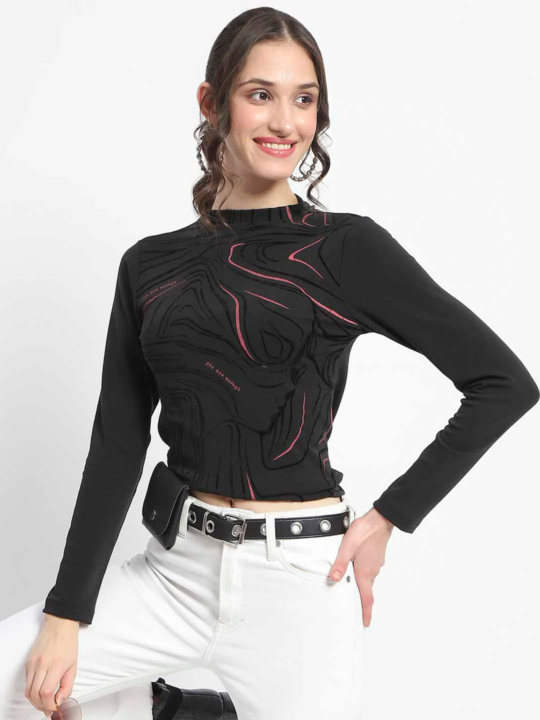 Madame Abstract Print Sleeve Crew Neck Black Top - Image 6