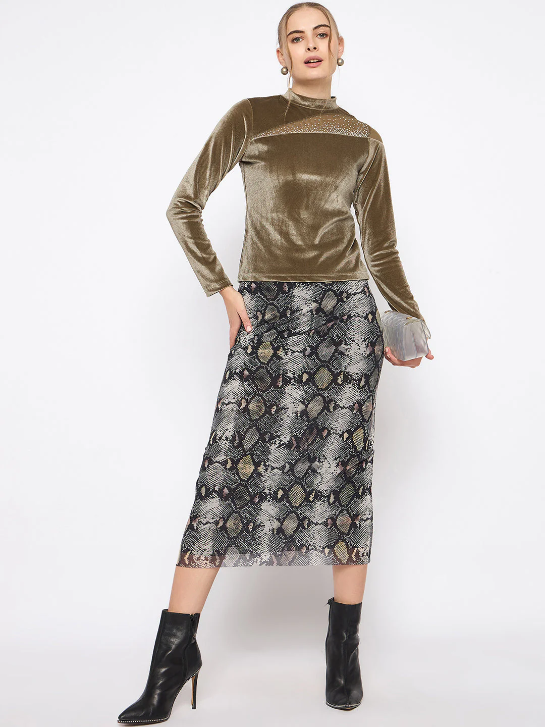 Madame Band Neck Sew Detailed Swarovski Embellished Olive Velvet Top - Image 2