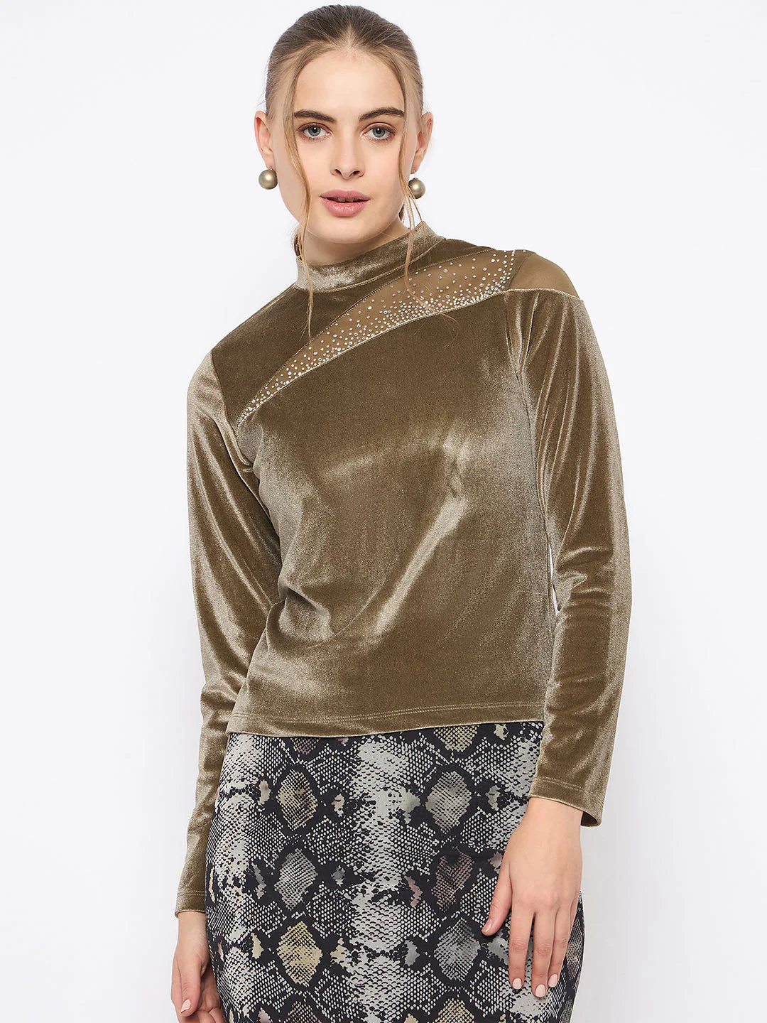 Madame Band Neck Sew Detailed Swarovski Embellished Olive Velvet Top - Image 3