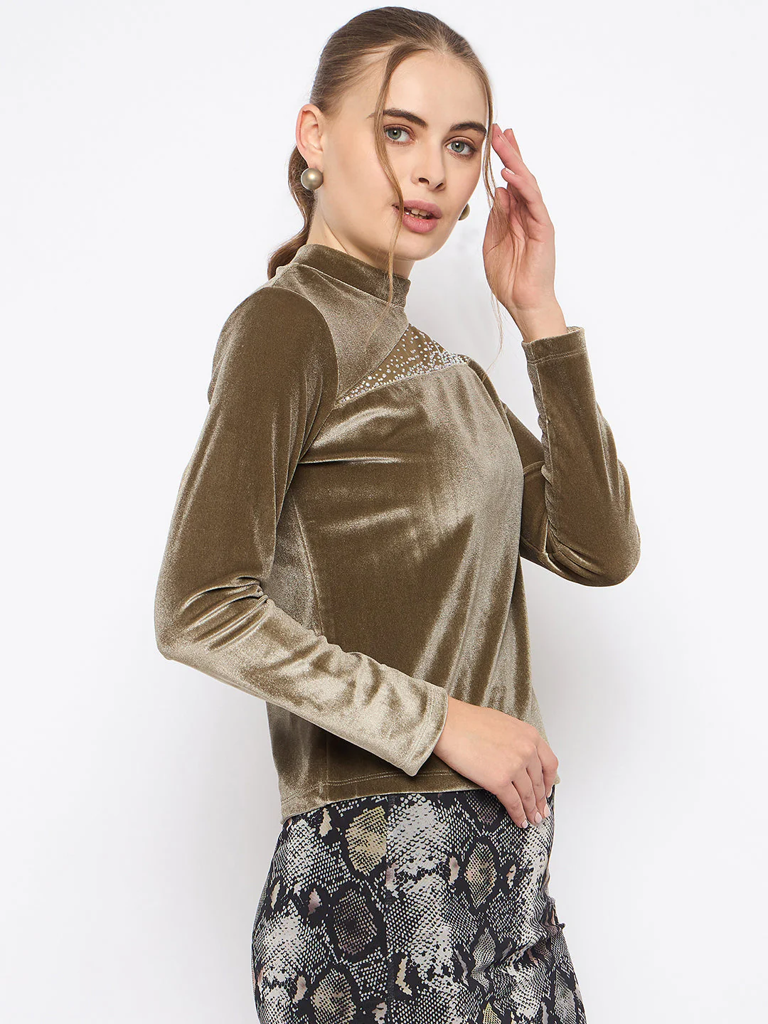 Madame Band Neck Sew Detailed Swarovski Embellished Olive Velvet Top - Image 4