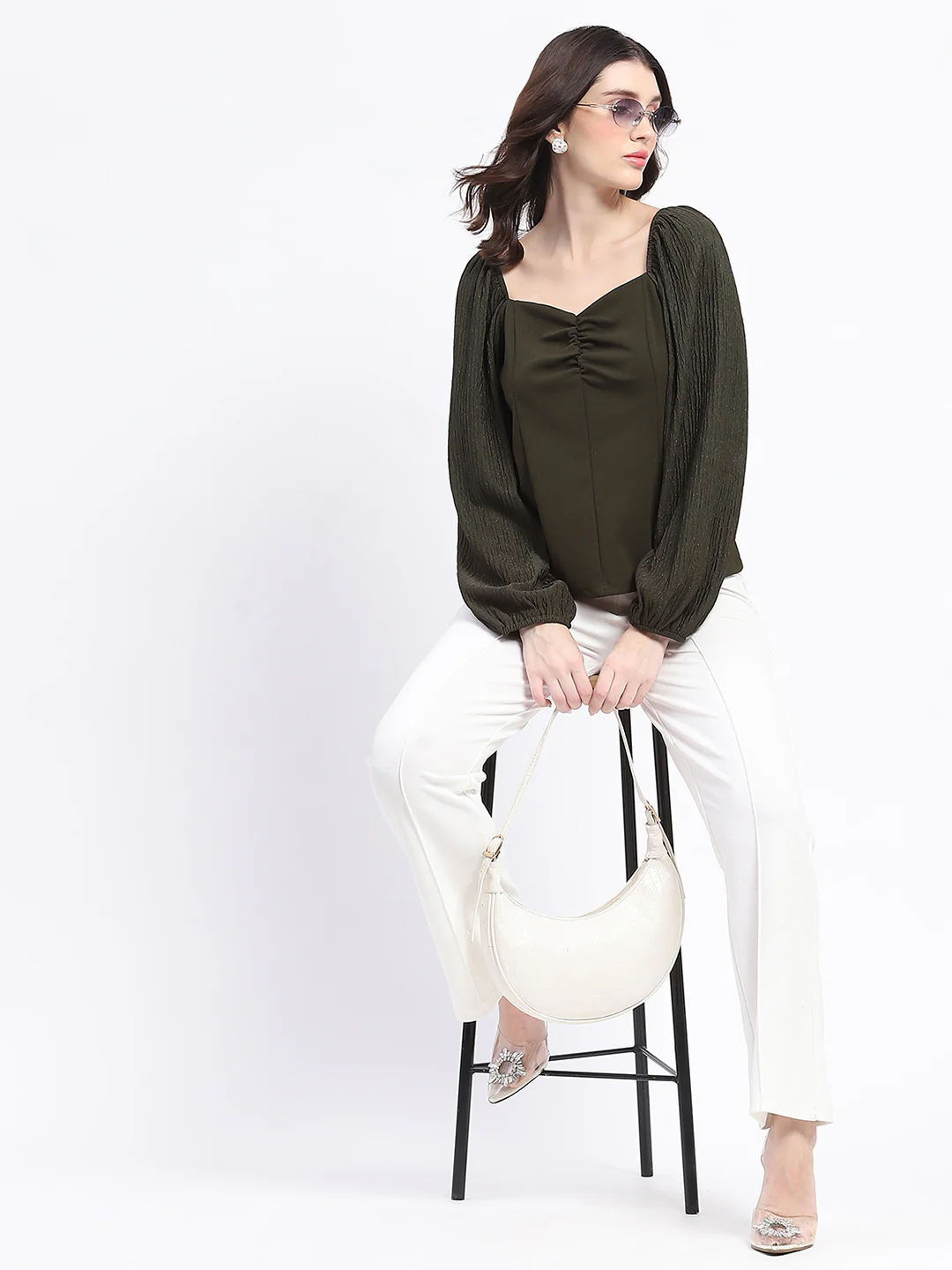 Madame Sweetheart Neck Elasticated Rush Detailed Solid Olive Knit moss Top - Image 2