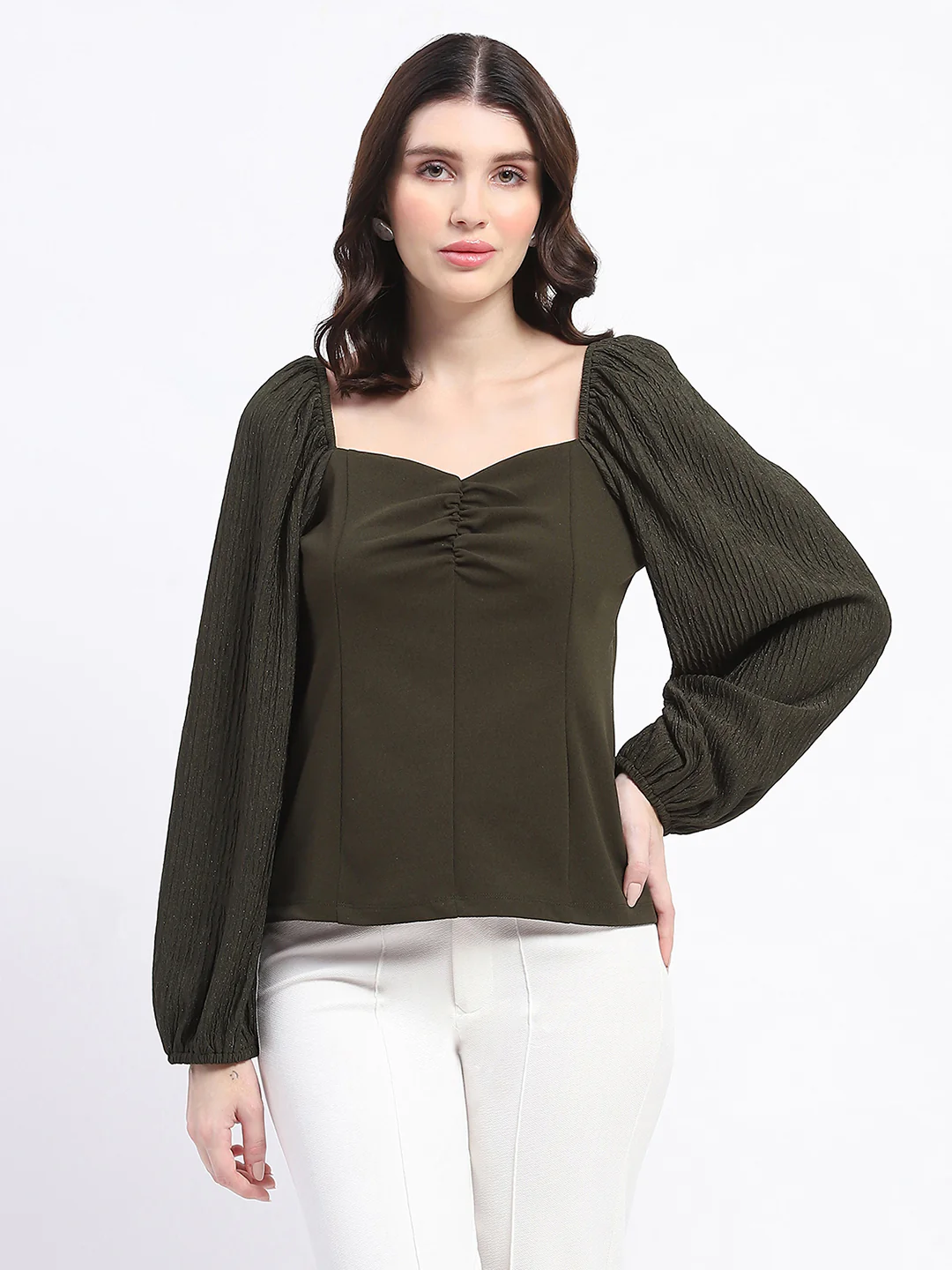 Madame Sweetheart Neck Elasticated Rush Detailed Solid Olive Knit moss Top - Image 3