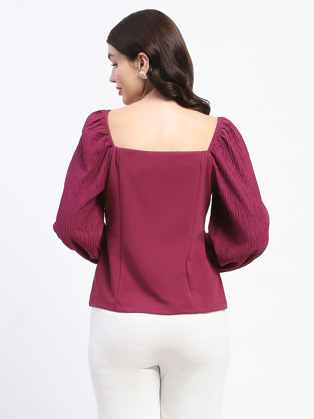 Madame Sweetheart Neck Elasticated Rush Detailed Solid Plum Knit moss Top - Image 6