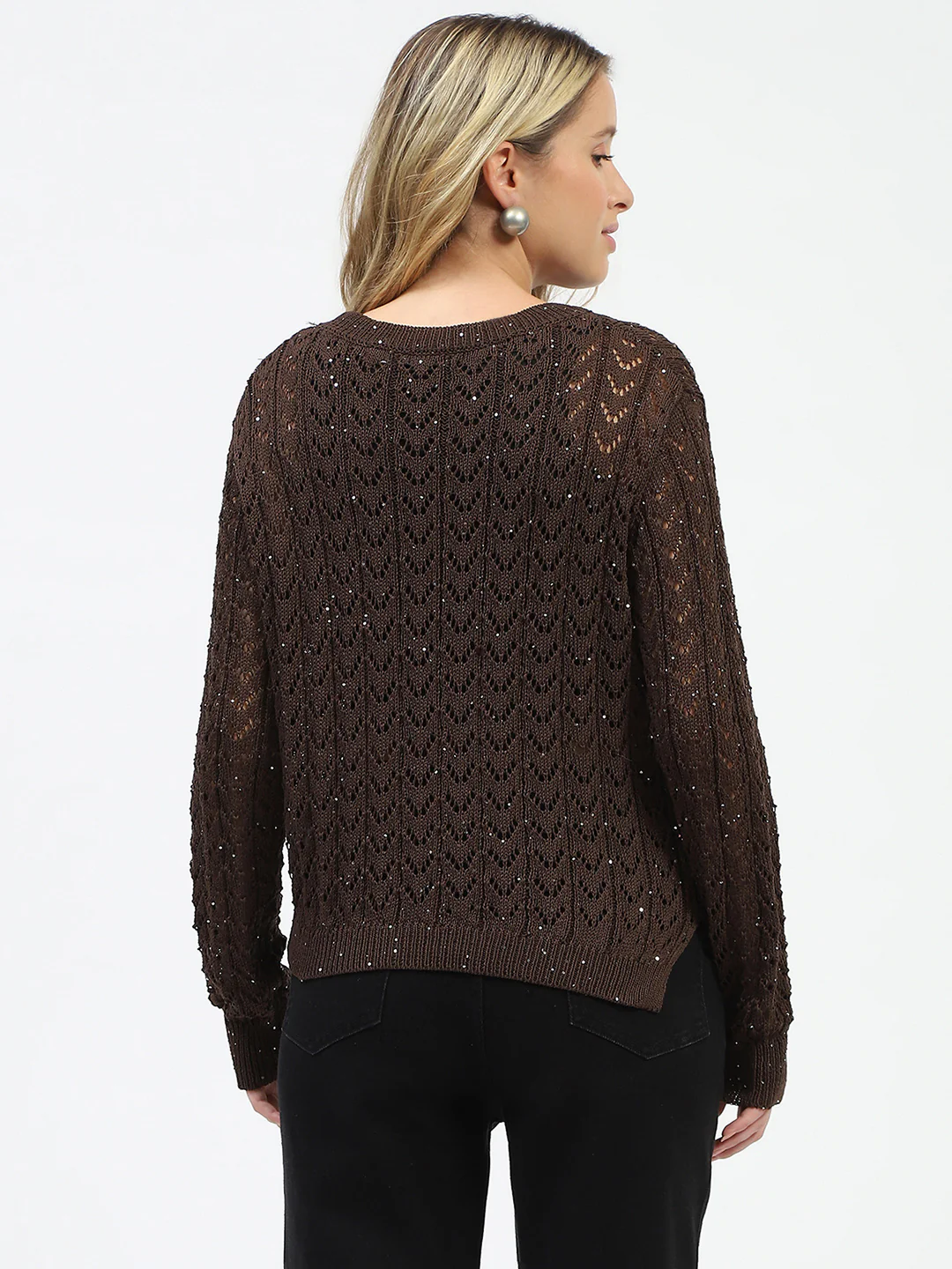 Madame Shimmer Detailed Crochet Crew Neck Knitted Coffee Brown Top - Image 4