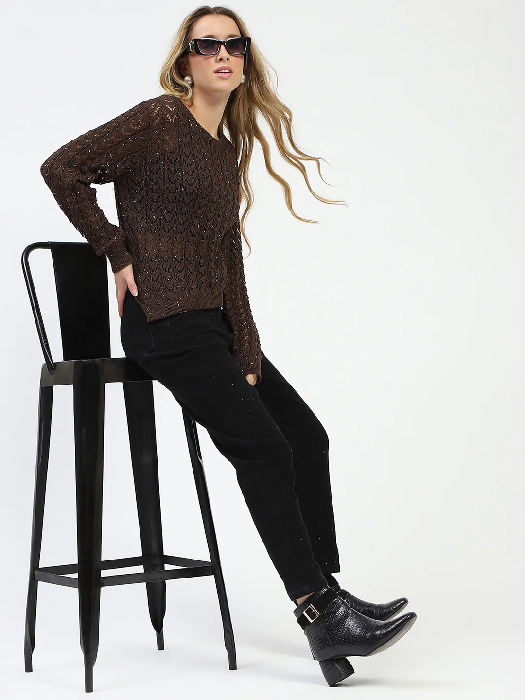 Madame Shimmer Detailed Crochet Crew Neck Knitted Coffee Brown Top - Image 5