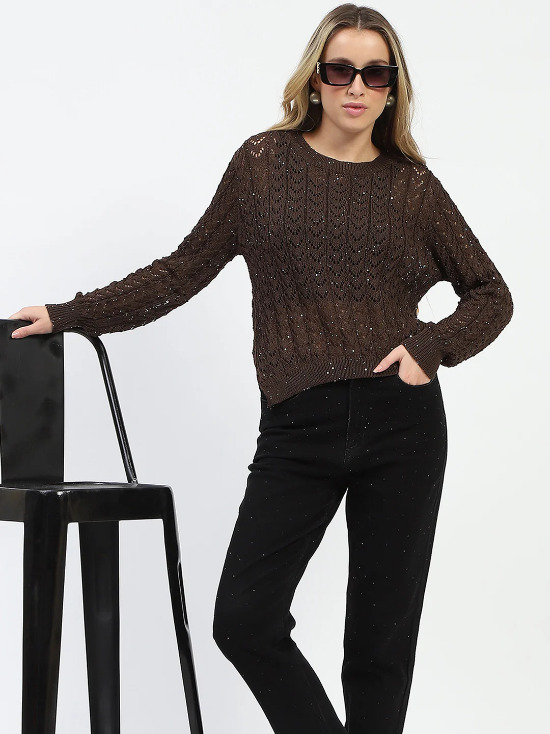 Madame Shimmer Detailed Crochet Crew Neck Knitted Coffee Brown Top - Image 6