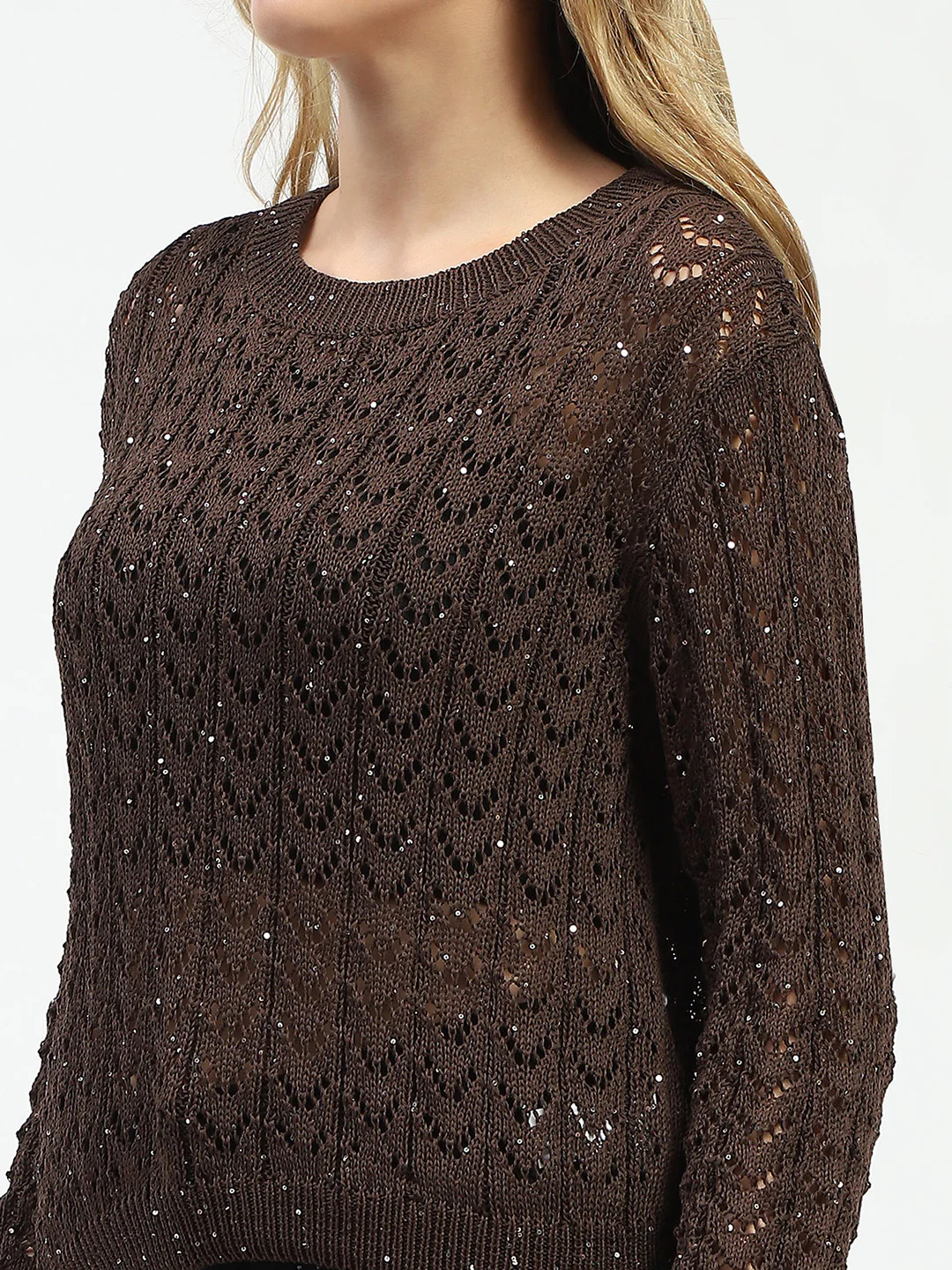 Madame Shimmer Detailed Crochet Crew Neck Knitted Coffee Brown Top - Image 7