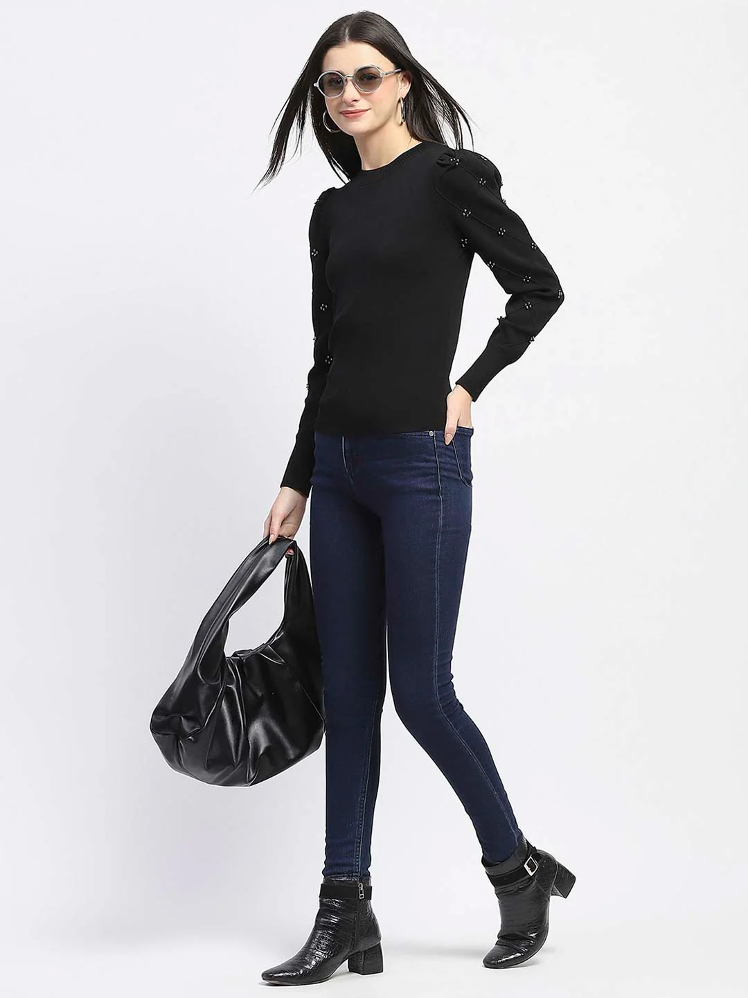 Madame Adorned Sleeves Solid Black Knitted Top - Image 2