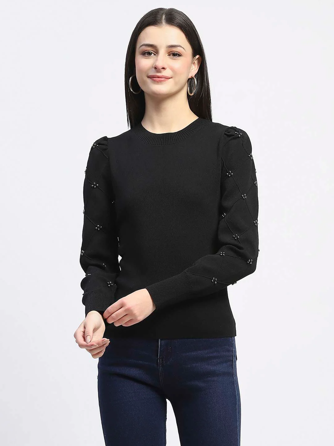 Madame Adorned Sleeves Solid Black Knitted Top - Image 3