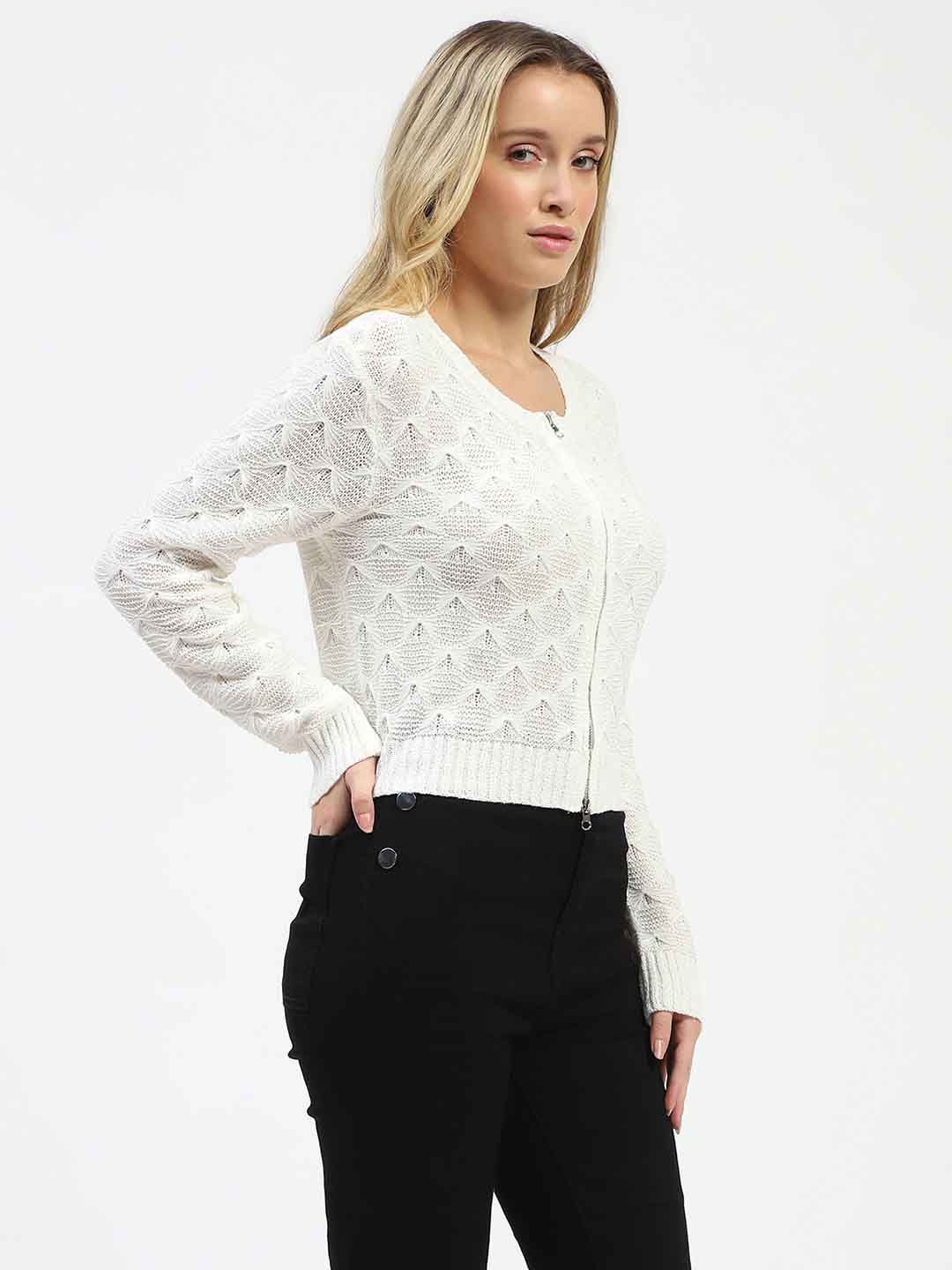 Madame Textured Round Neck Zip Up Off White Knit Top - Image 3