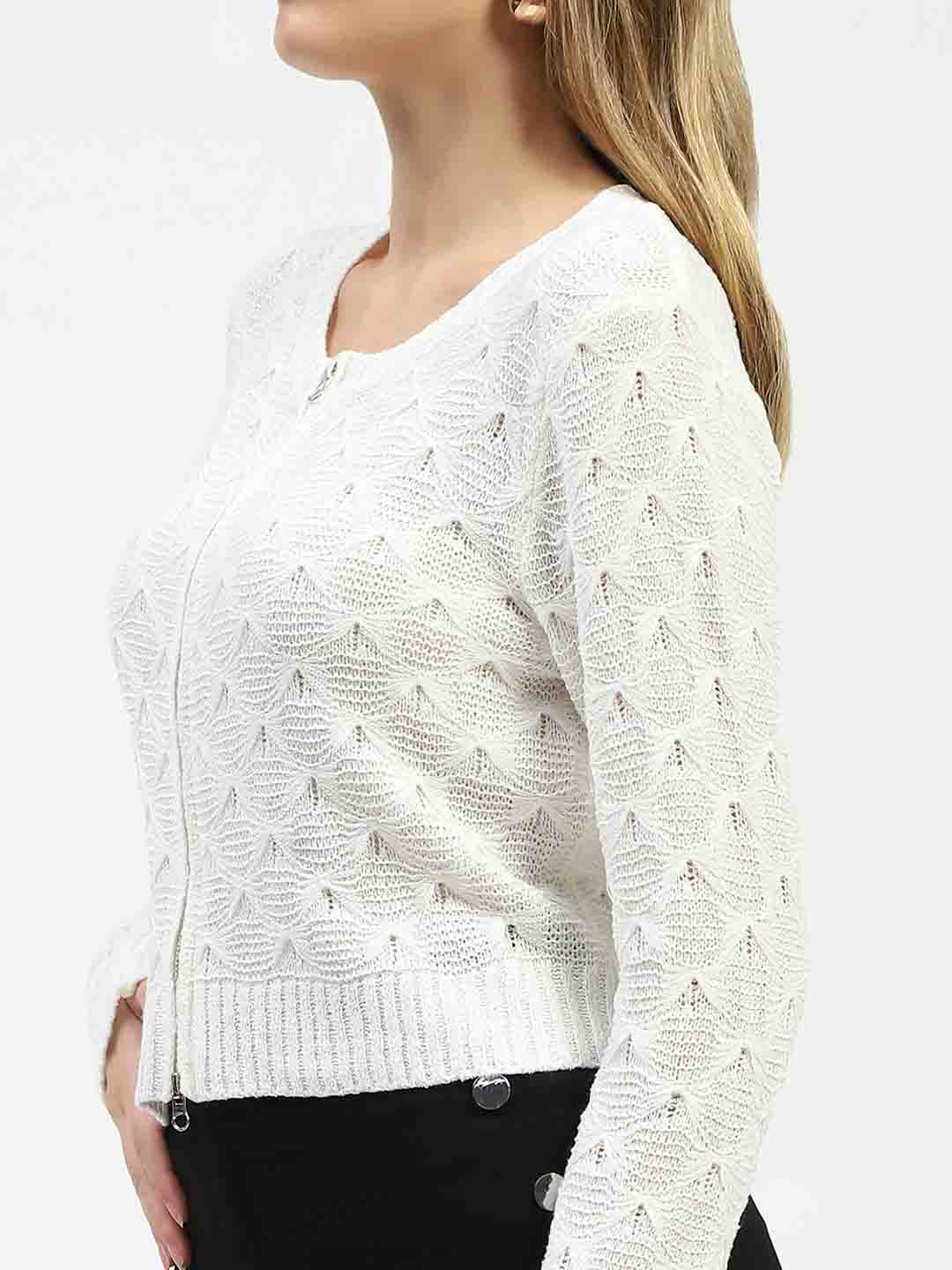 Madame Textured Round Neck Zip Up Off White Knit Top - Image 6