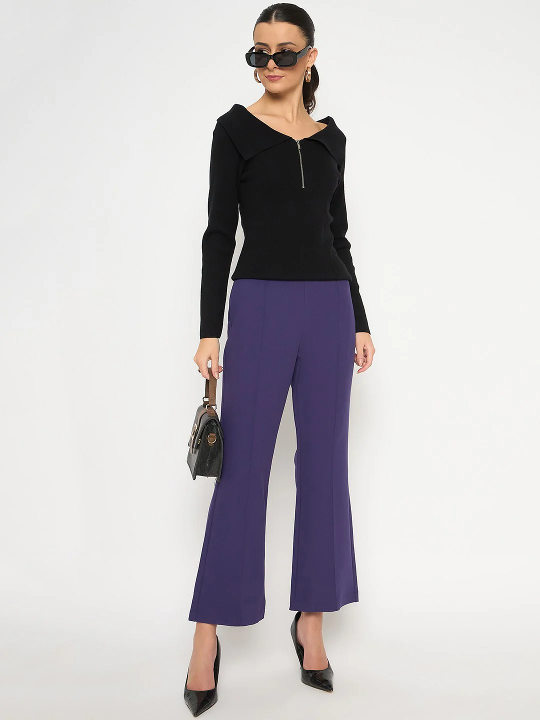 Madame Viscose Blend Open Shoulder With Zip Black Top - Image 2