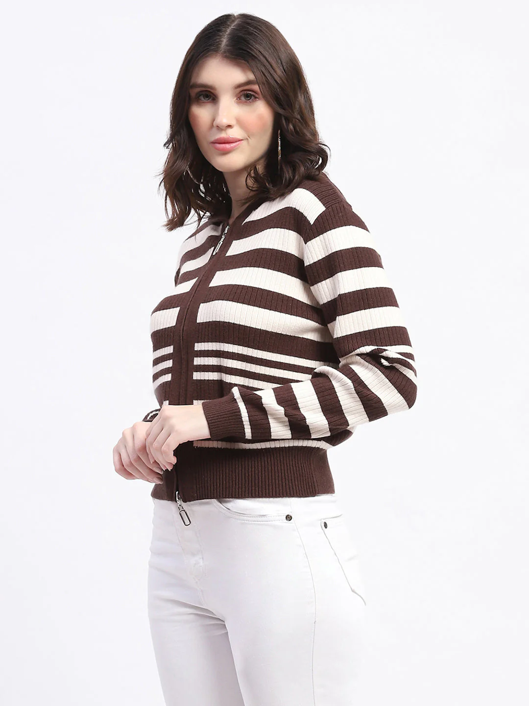 Madame Viscose Blend Zipped Chocolate Brown Striped Knitted Top - Image 5