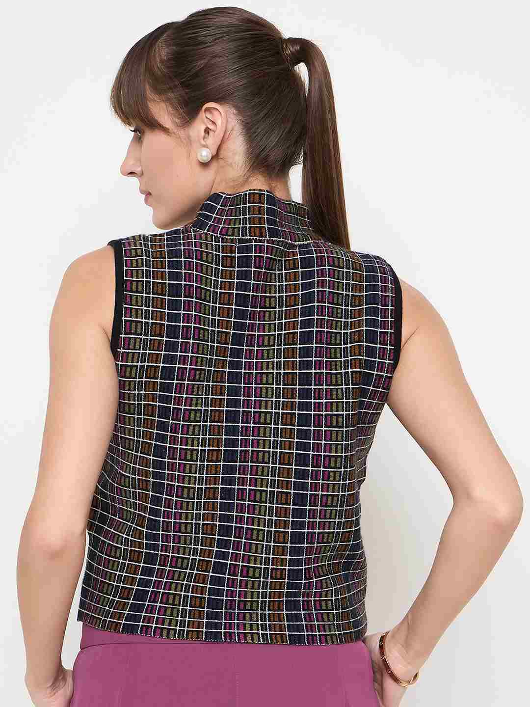 Madame Multicolored Chequered Tweed Black Funnel Neck Top - Image 4