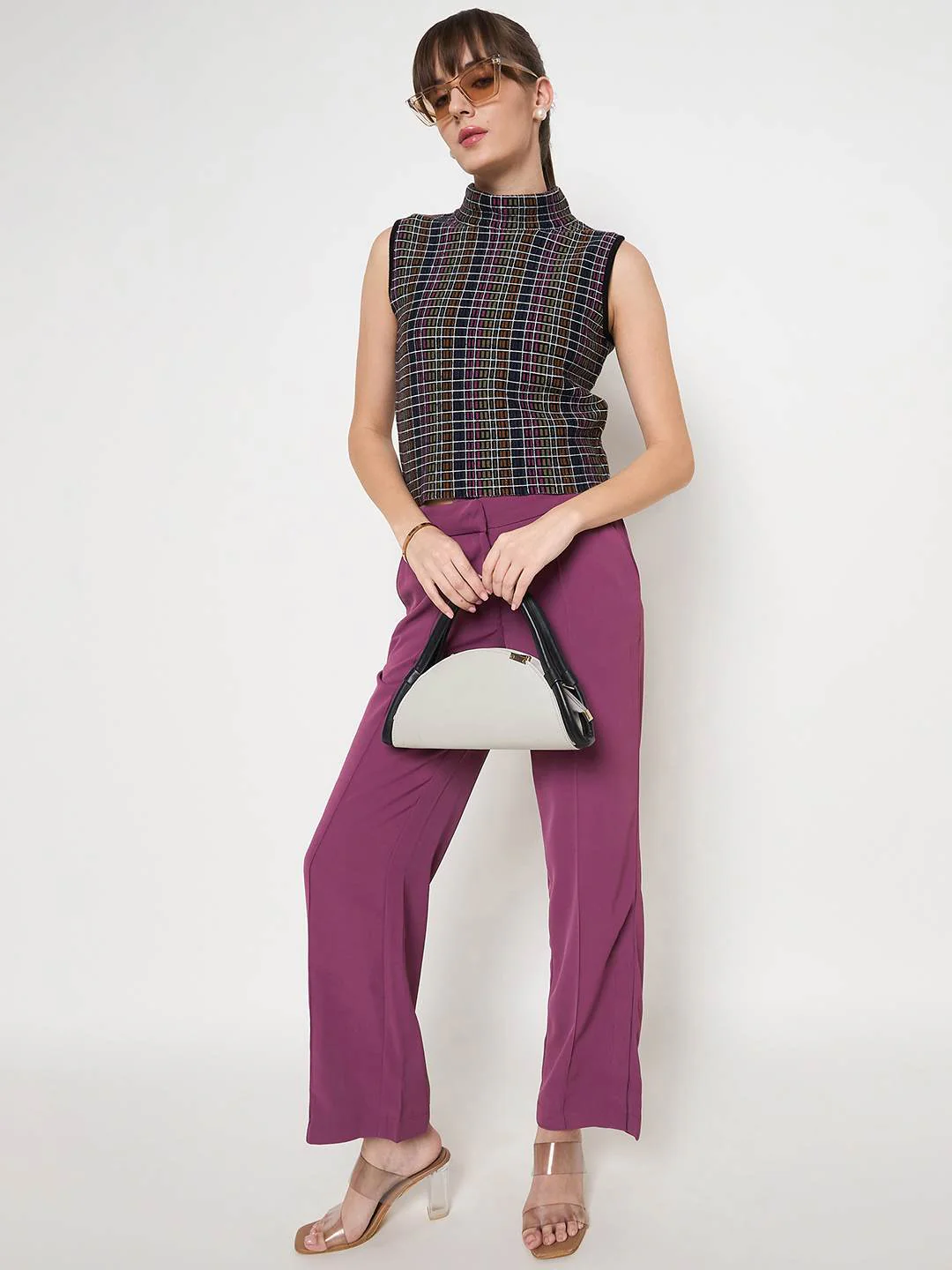 Madame Multicolored Chequered Tweed Black Funnel Neck Top - Image 5