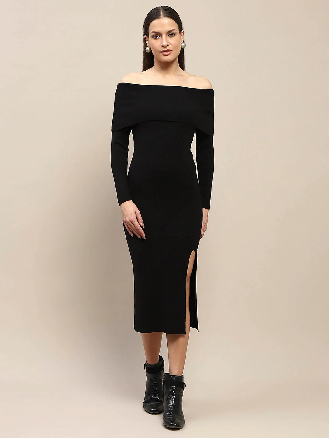 Madame Off Shoulder Side Slit Black Bodycon Midi Dress - Image 3