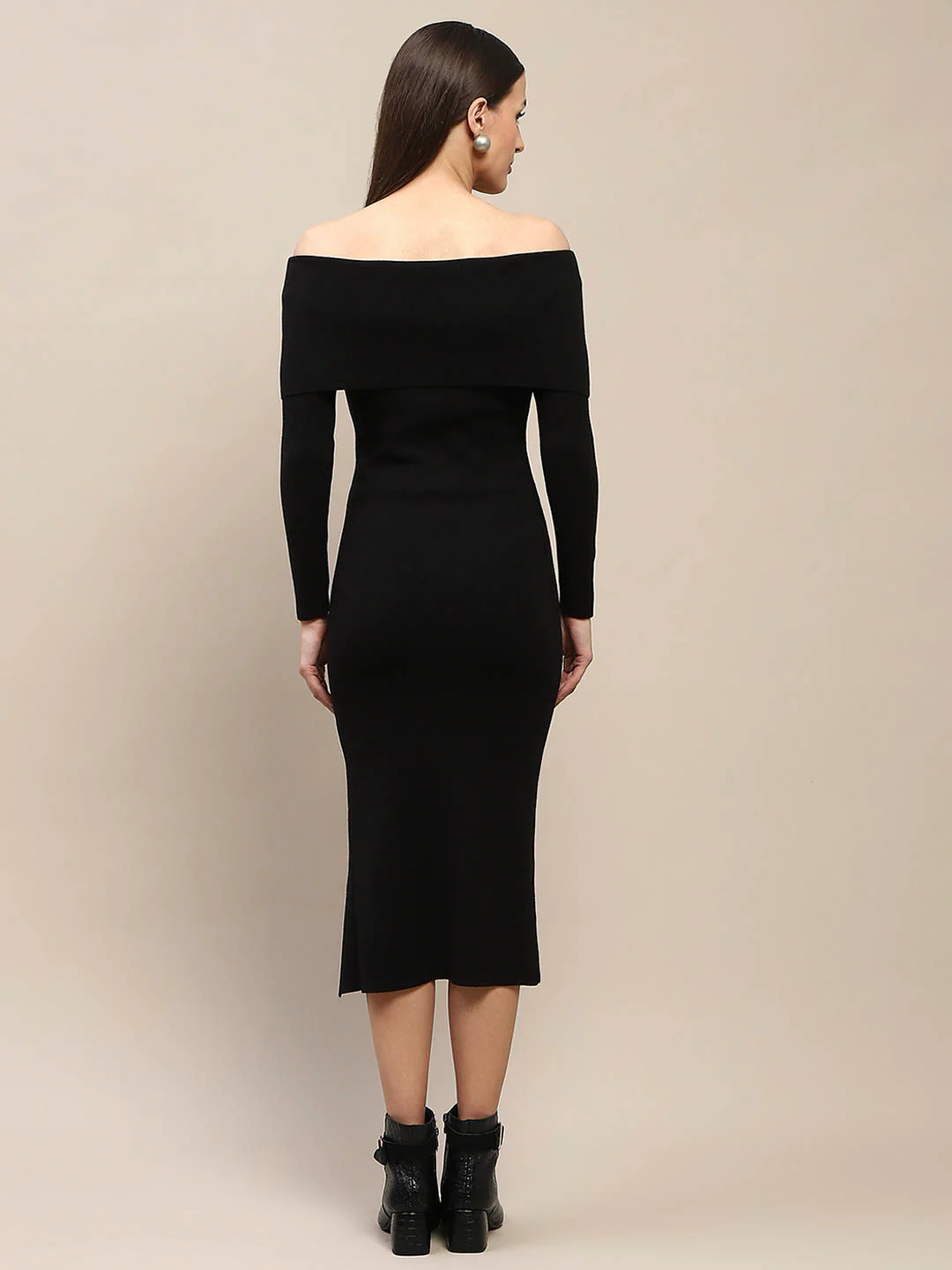 Madame Off Shoulder Side Slit Black Bodycon Midi Dress - Image 6