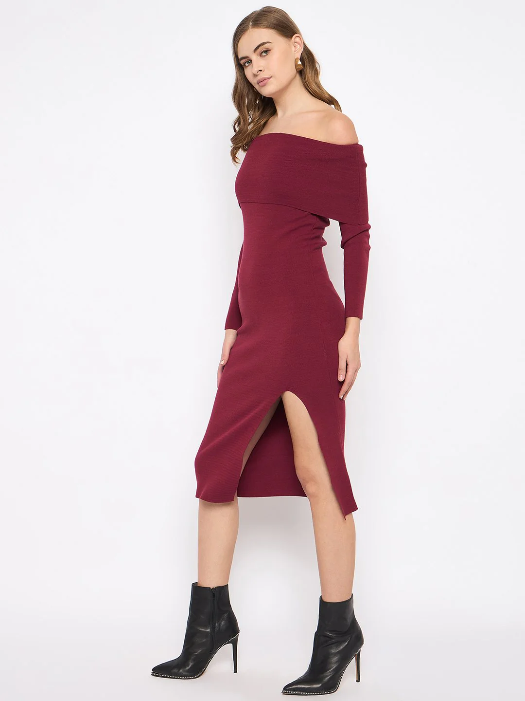 Madame Off Shoulder Wine Red Knit Midi Dress - Image 5