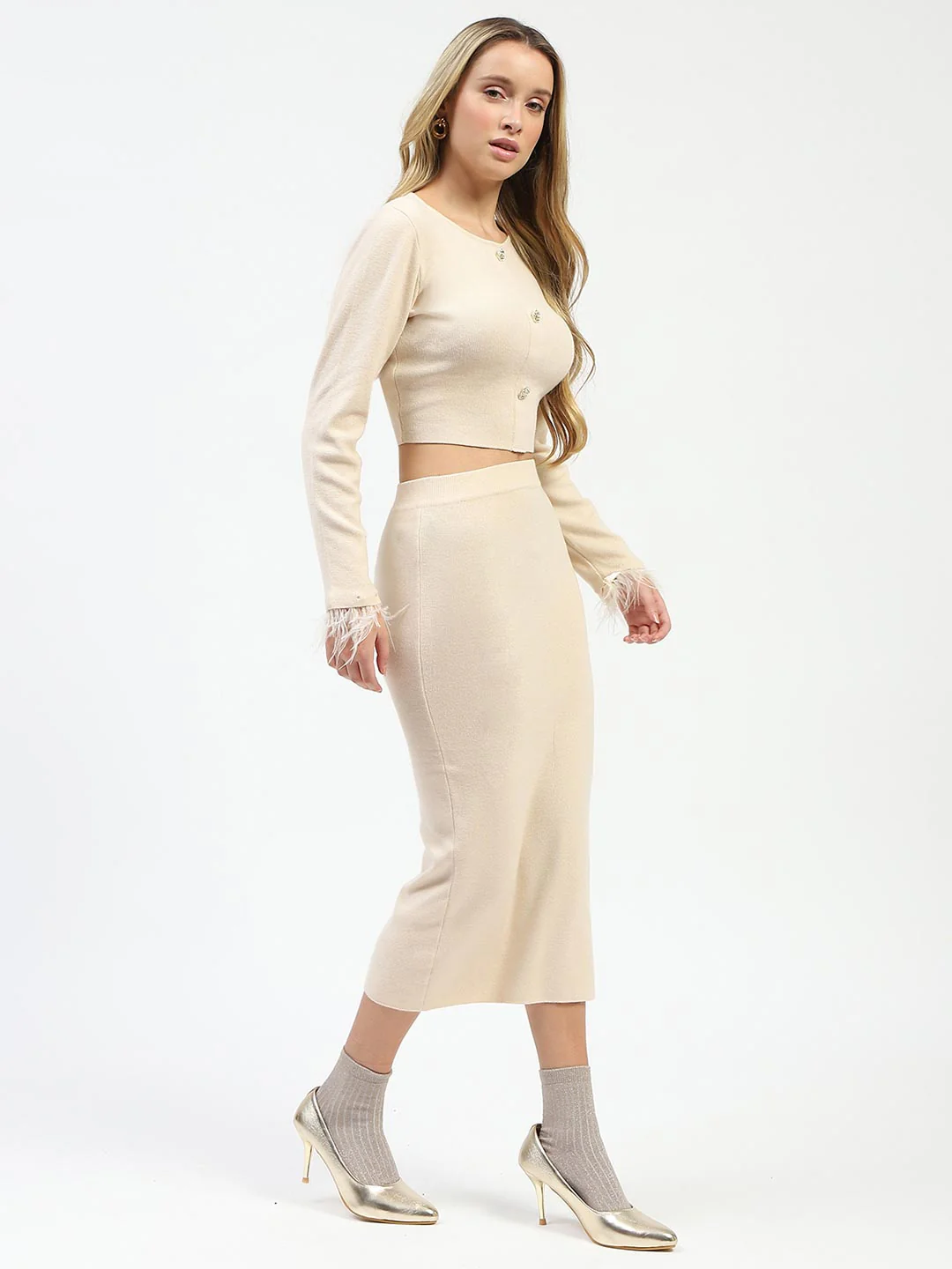 Madame Fur Sleeve Bodycon Beige Knit Co-ord Set - Image 3