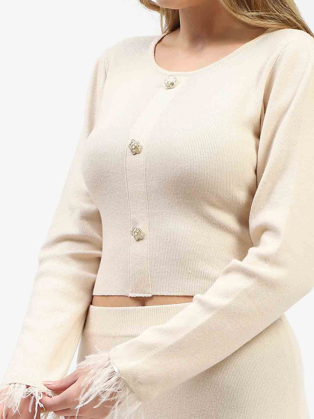 Madame Fur Sleeve Bodycon Beige Knit Co-ord Set - Image 7