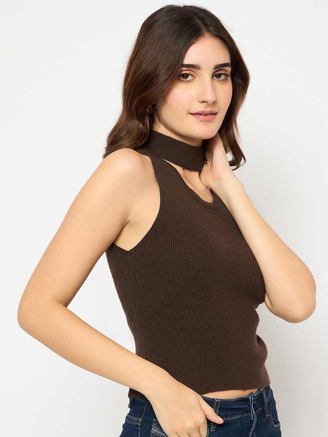 Madame Coffee Brown Ribbed Sleeveless Cutout Sweater - Image 4