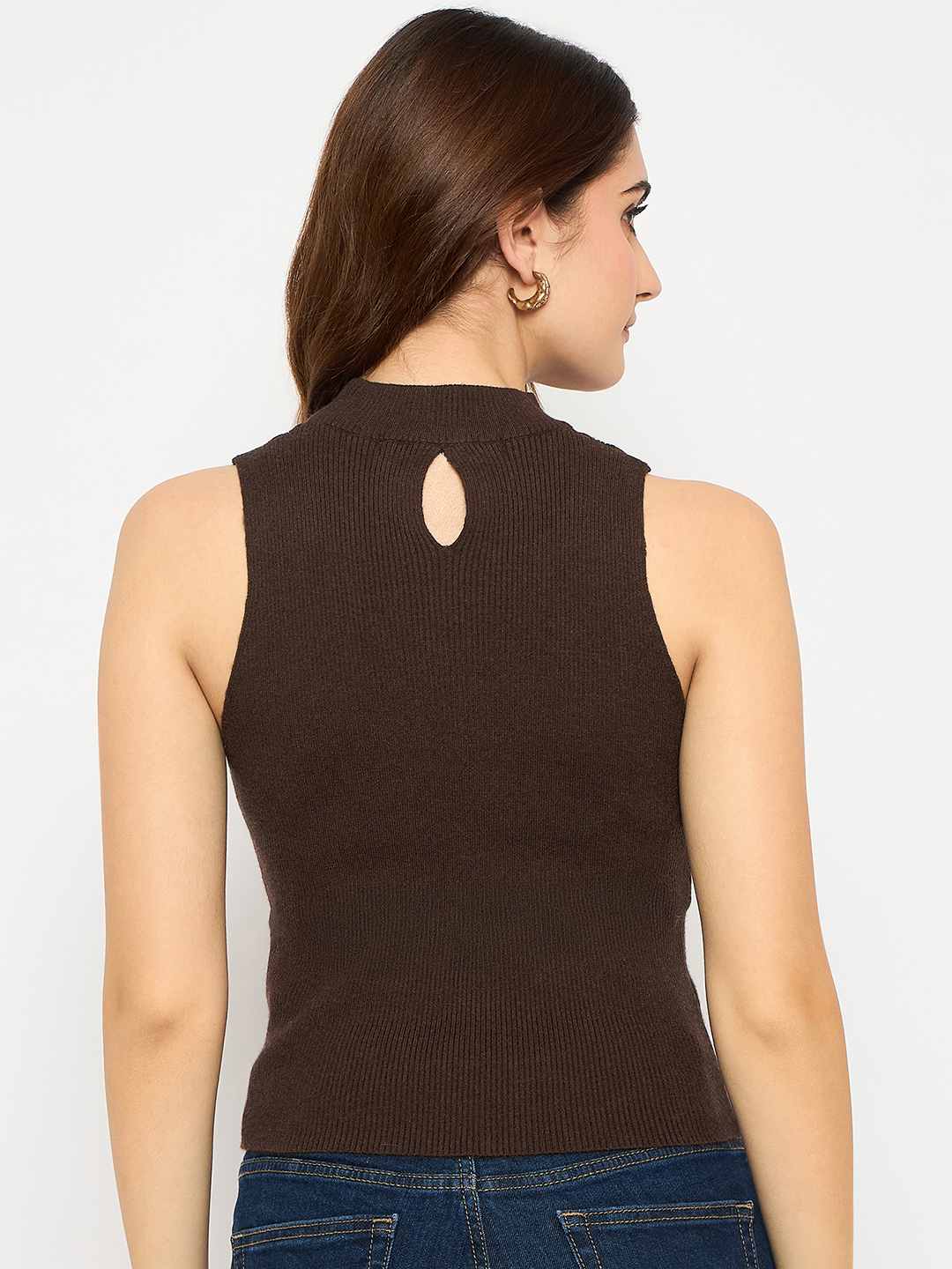 Madame Coffee Brown Ribbed Sleeveless Cutout Sweater - Image 6