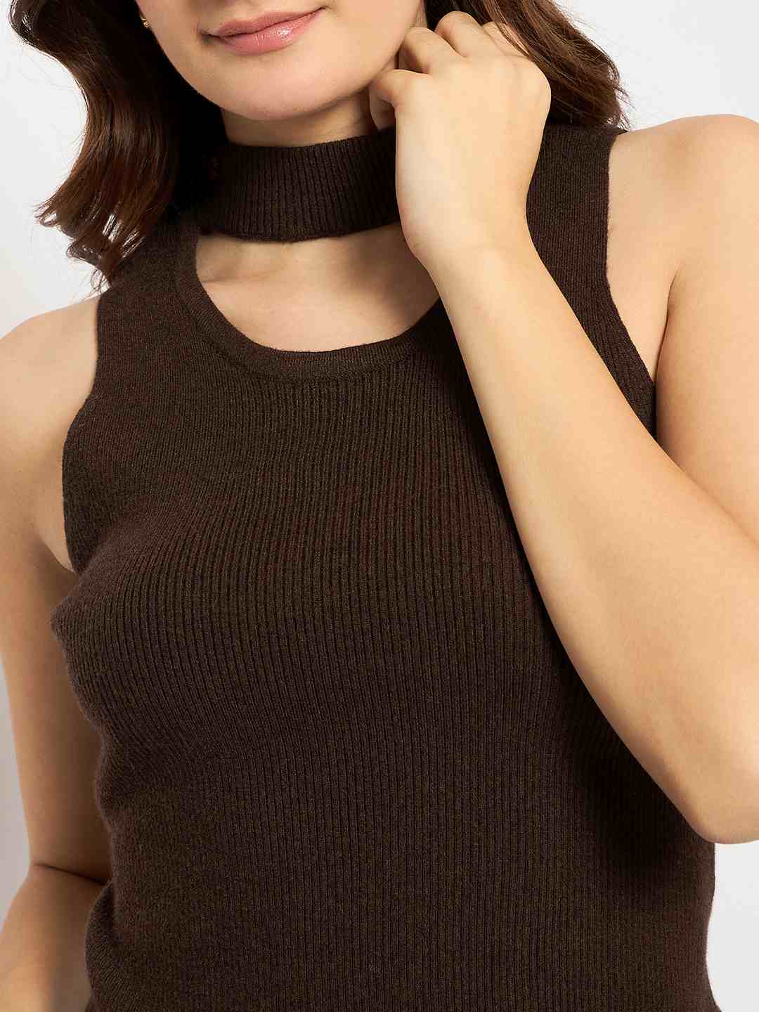 Madame Coffee Brown Ribbed Sleeveless Cutout Sweater - Image 7