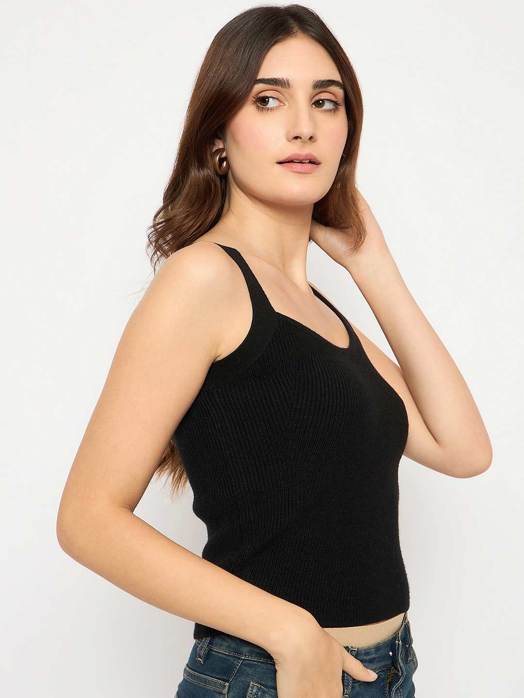 Madame Sleeveless Solid Black Ribbed Knit Sweater - Image 3