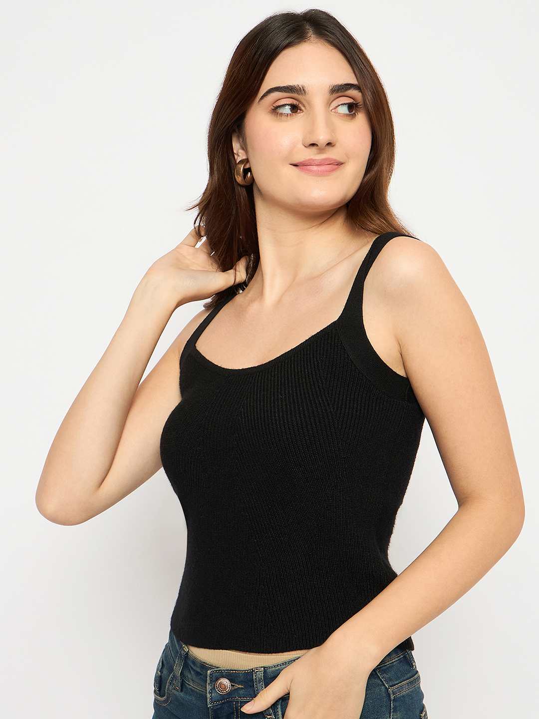 Madame Sleeveless Solid Black Ribbed Knit Sweater - Image 4