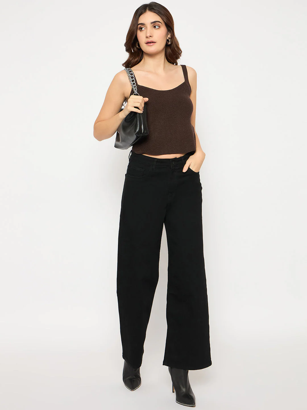 Madame Sleeveless Solid Coffee Brown Ribbed Knit Sweater