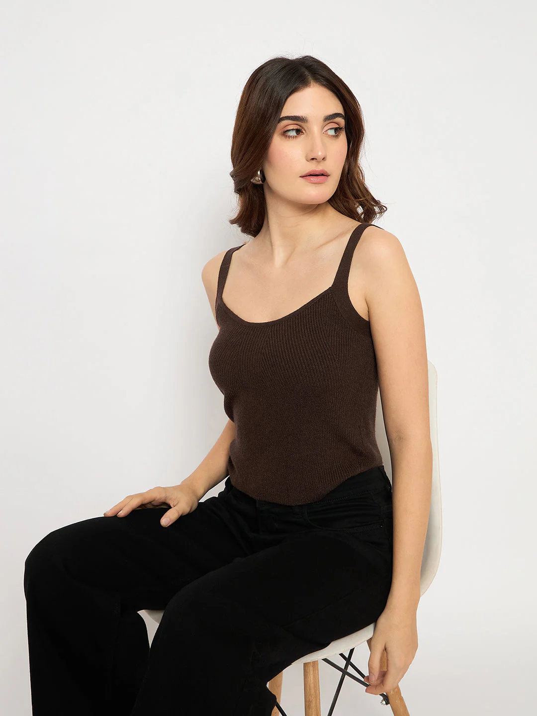 Madame Sleeveless Solid Coffee Brown Ribbed Knit Sweater - Image 2