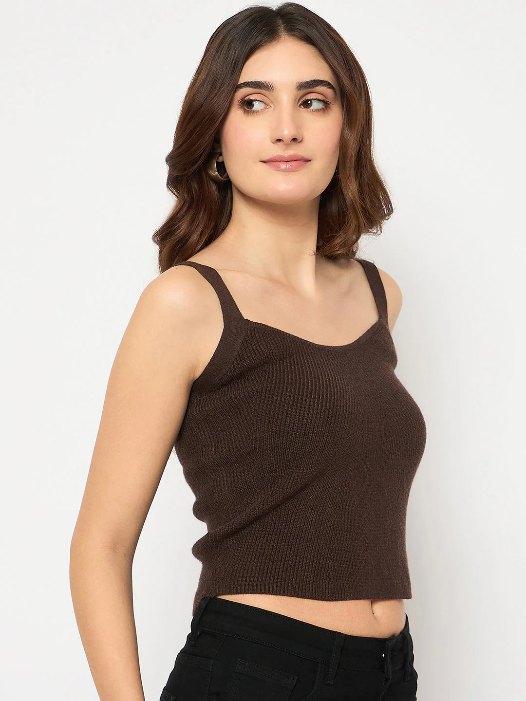 Madame Sleeveless Solid Coffee Brown Ribbed Knit Sweater - Image 4