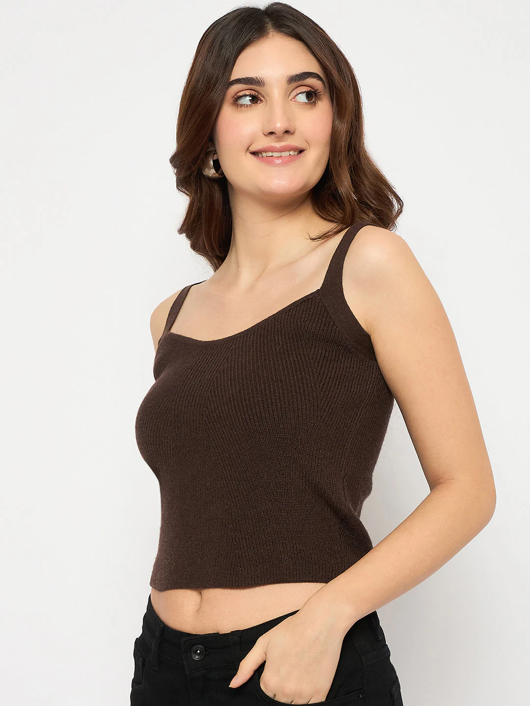 Madame Sleeveless Solid Coffee Brown Ribbed Knit Sweater - Image 5