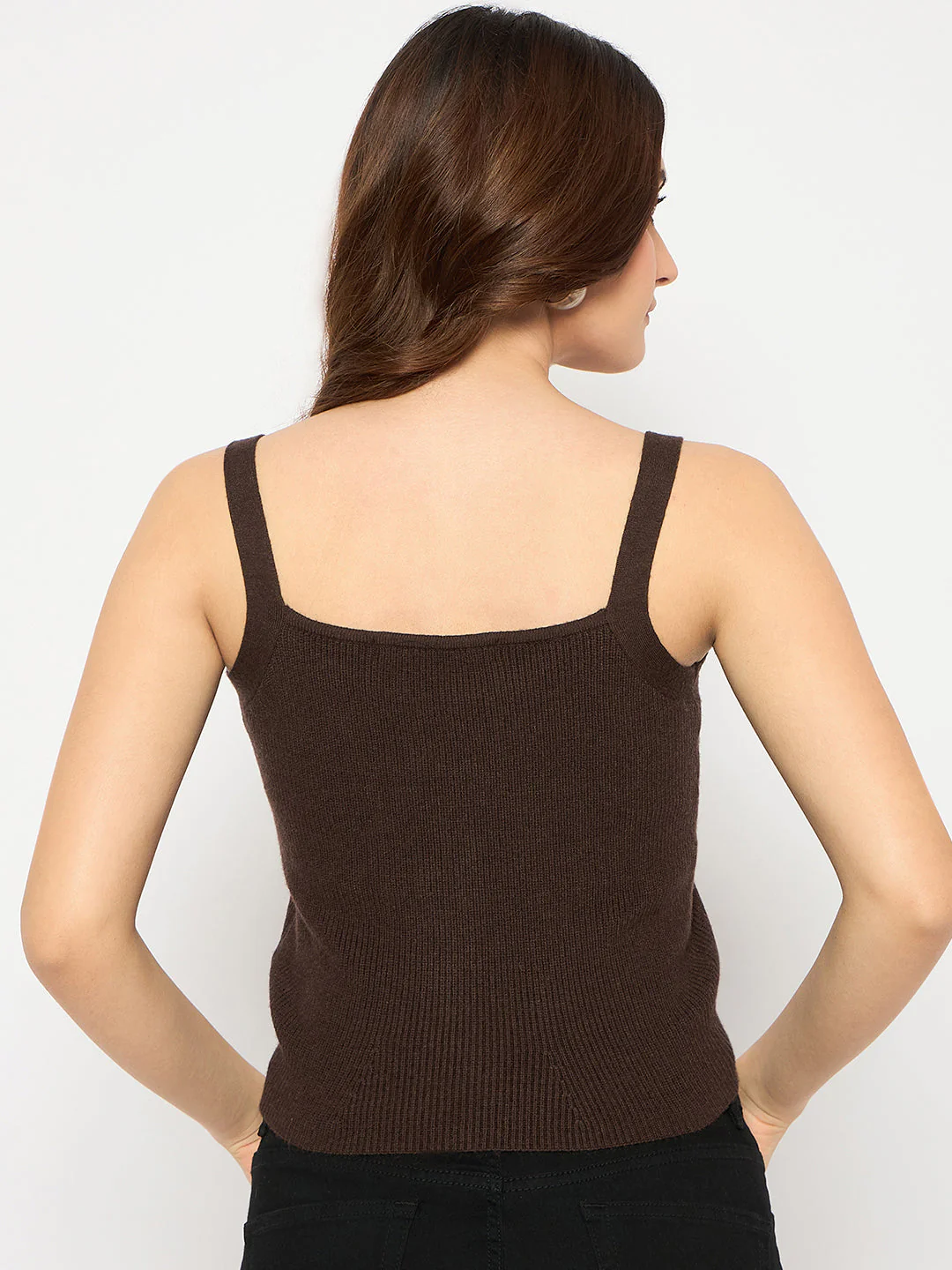 Madame Sleeveless Solid Coffee Brown Ribbed Knit Sweater - Image 6