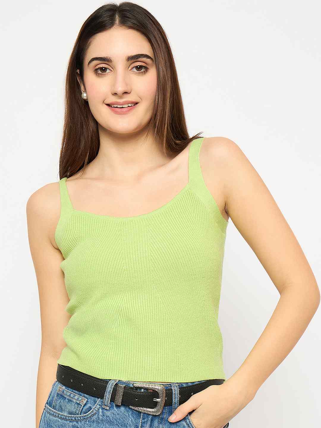 Madame Sleeveless Solid Green Ribbed Knit Sweater - Image 3