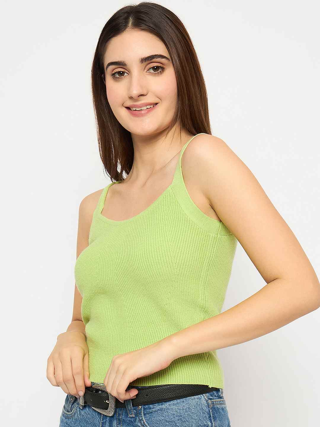 Madame Sleeveless Solid Green Ribbed Knit Sweater - Image 5