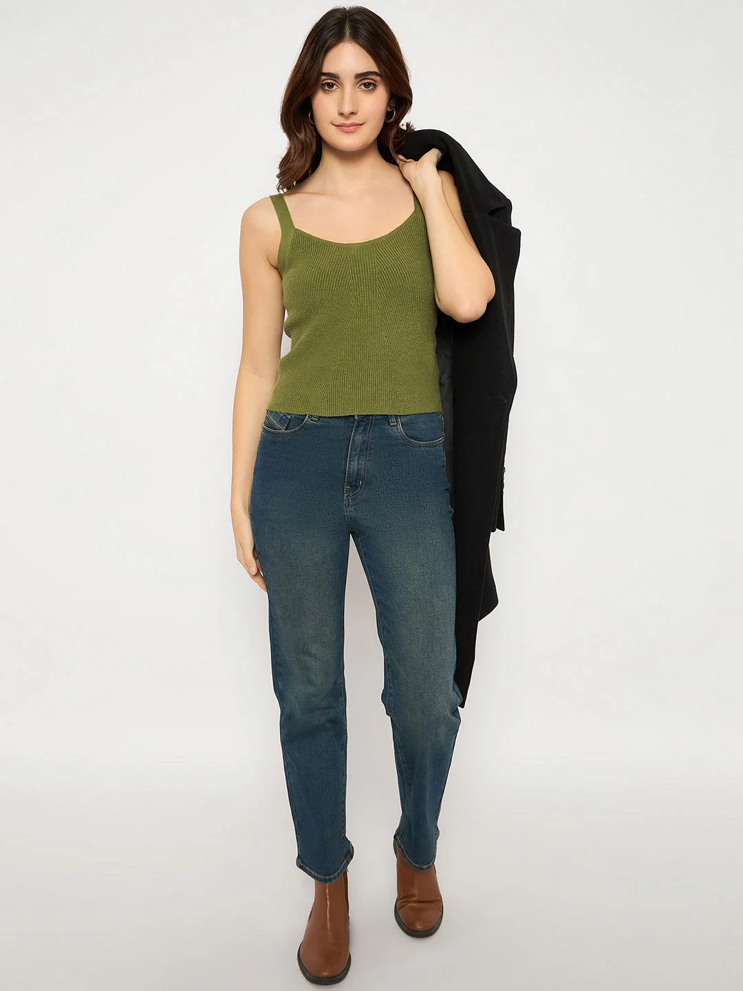 Madame Sleeveless Solid Olive Green Ribbed Knit Sweater - Image 3