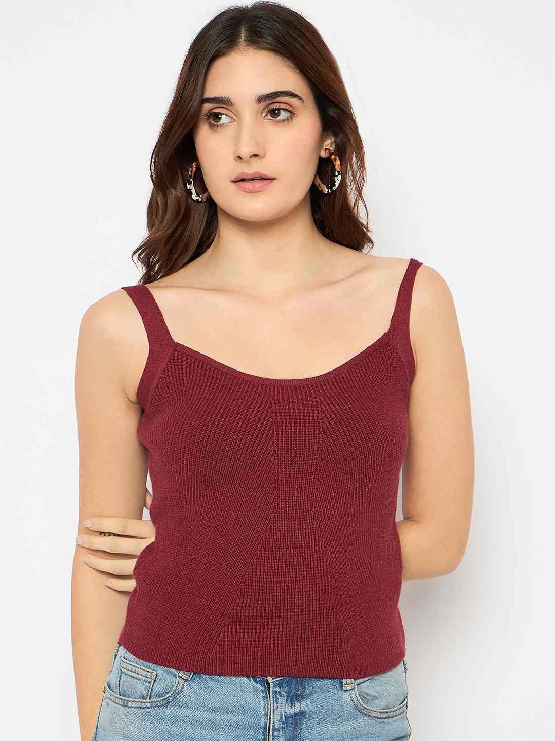 Madame Sleeveless Solid Red Ribbed Knit Sweater - Image 3