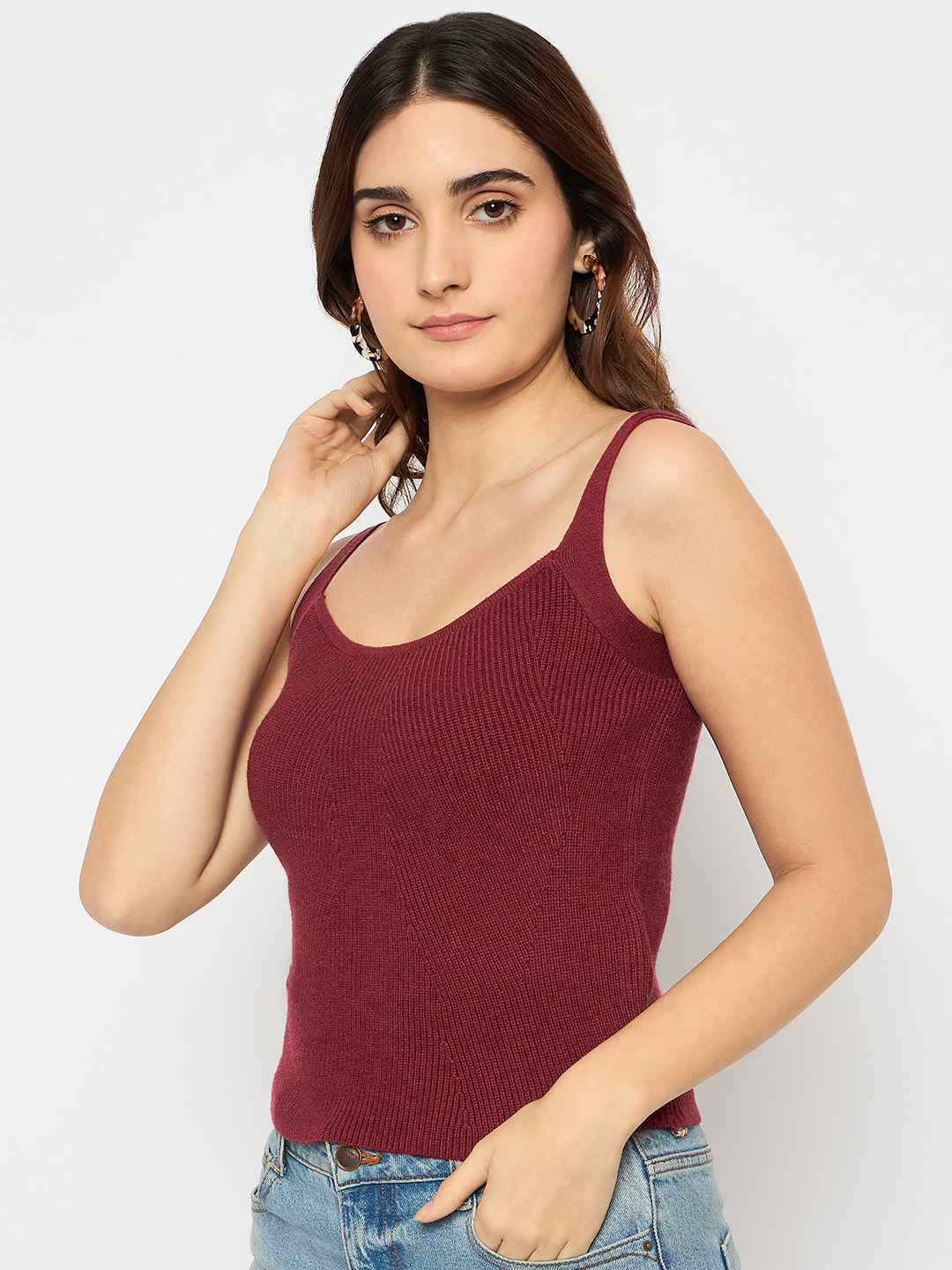 Madame Sleeveless Solid Red Ribbed Knit Sweater - Image 5