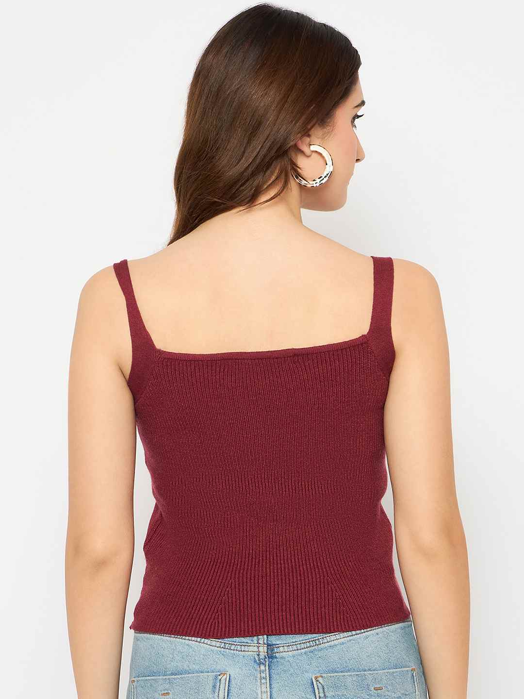 Madame Sleeveless Solid Red Ribbed Knit Sweater - Image 6