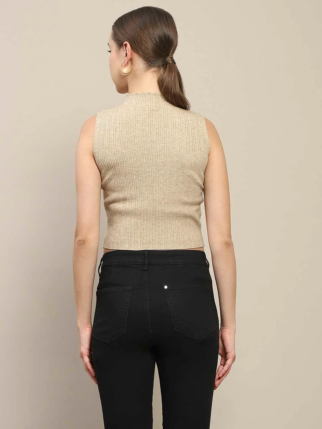 Madame Ribbed Mock Neck Camel Brown Sleeveless Sweater - Image 5