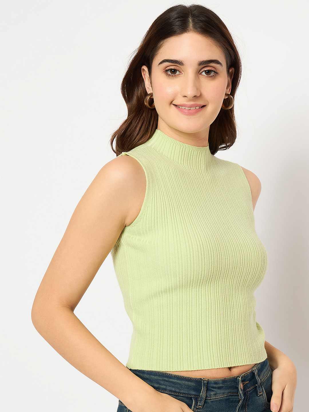 Madame Mock Neck Lime Green Sleeveless Sweater - Image 3