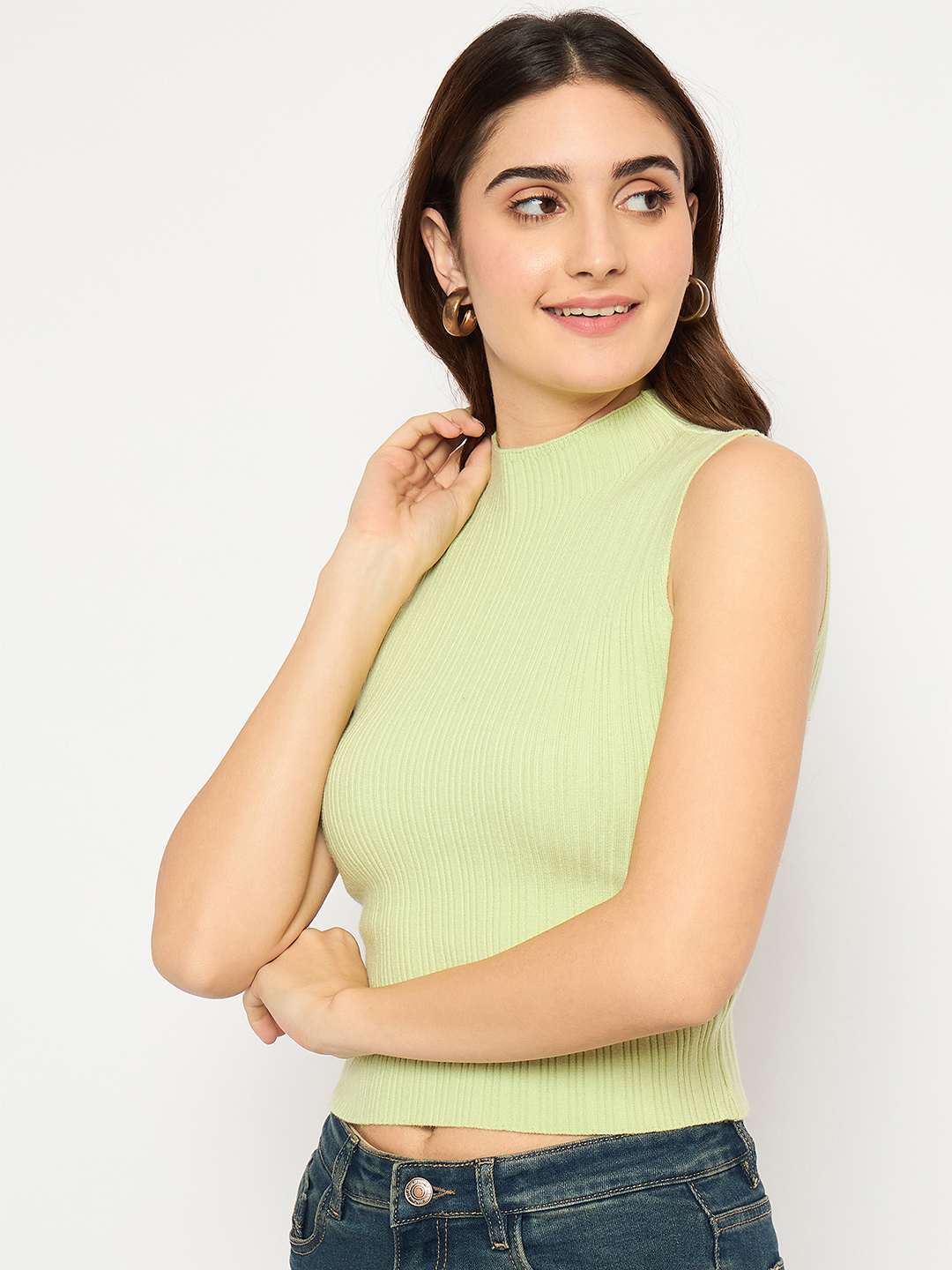 Madame Mock Neck Lime Green Sleeveless Sweater - Image 4