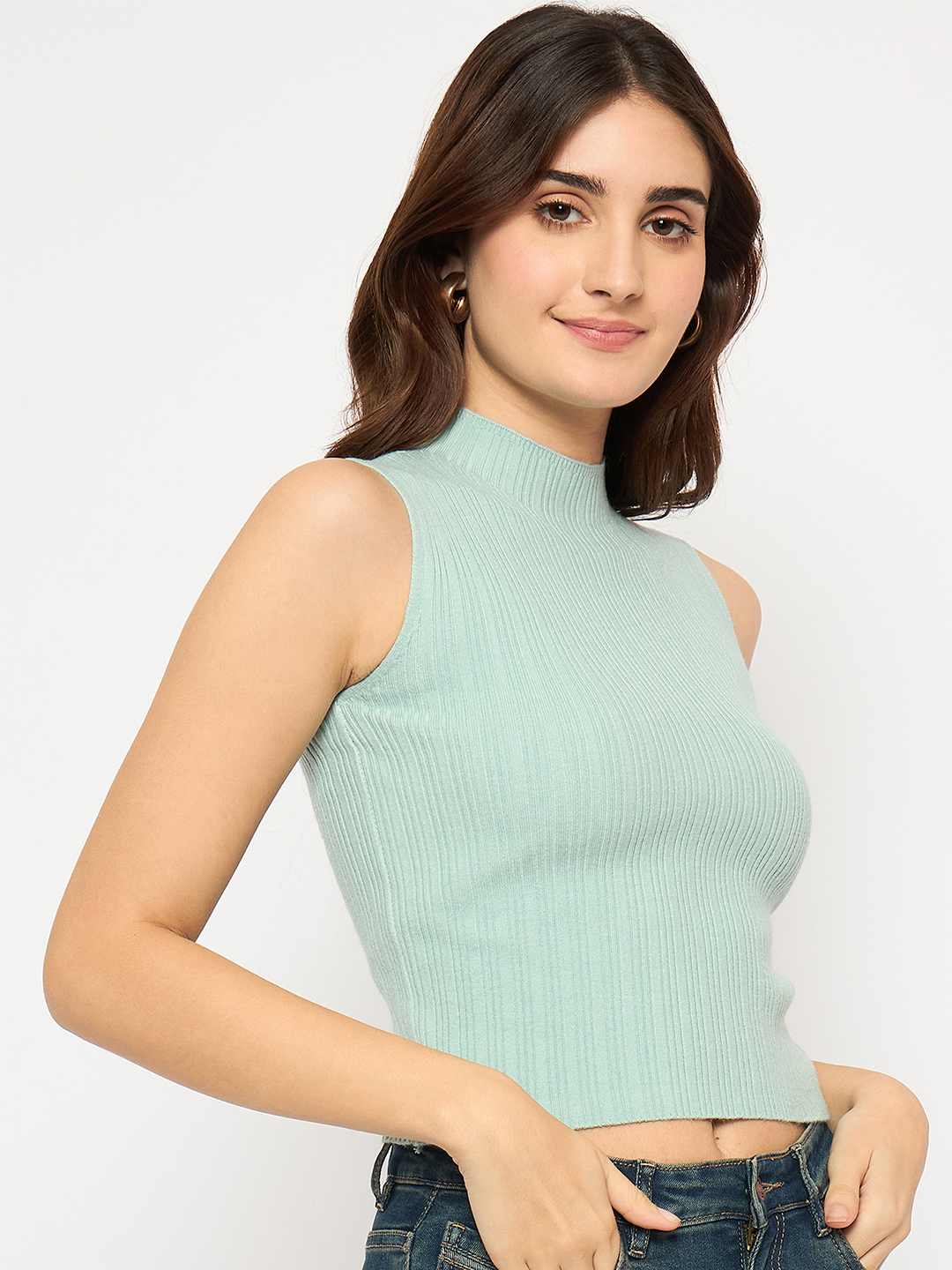 Madame Mock Neck Mint Green Sleeveless Sweater - Image 3