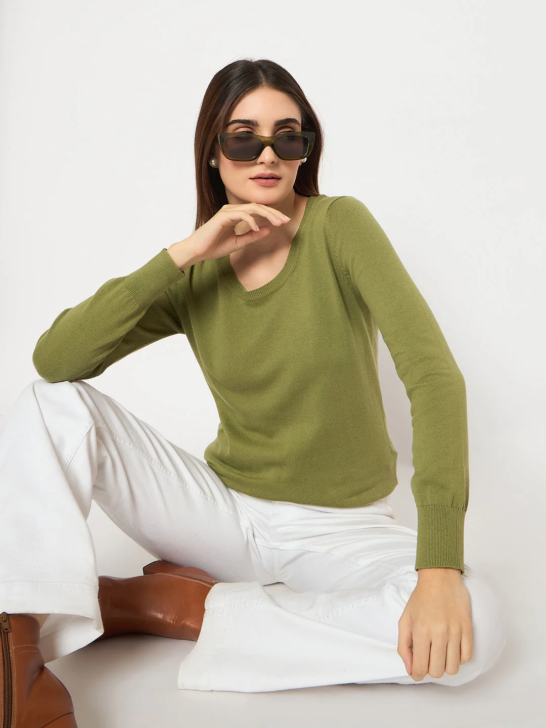 Madame Round Neck Ribbed Cuff Olive Sweater - Image 2