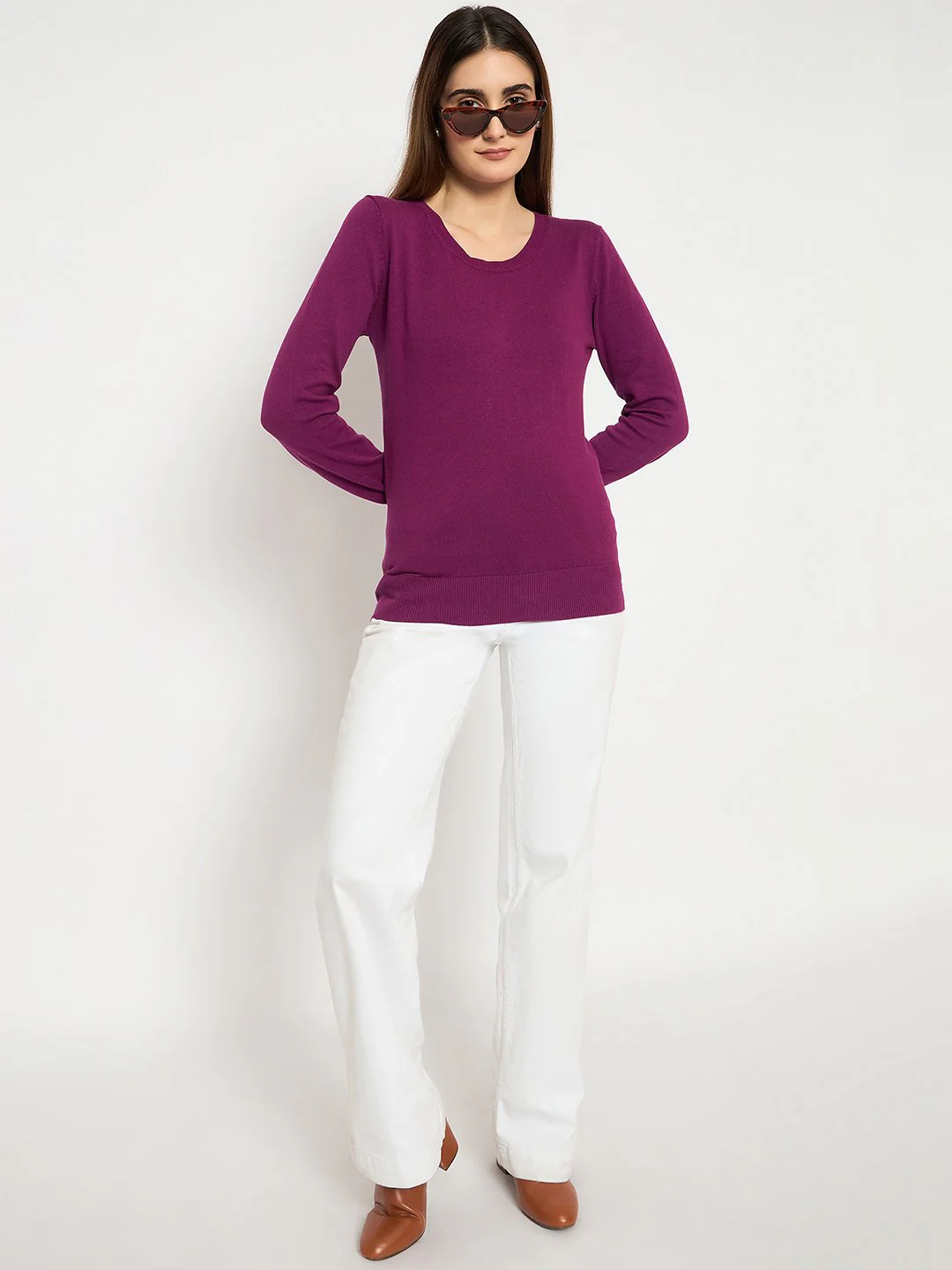 Madame Round Neck Ribbed Cuff Purple Sweater - Image 2