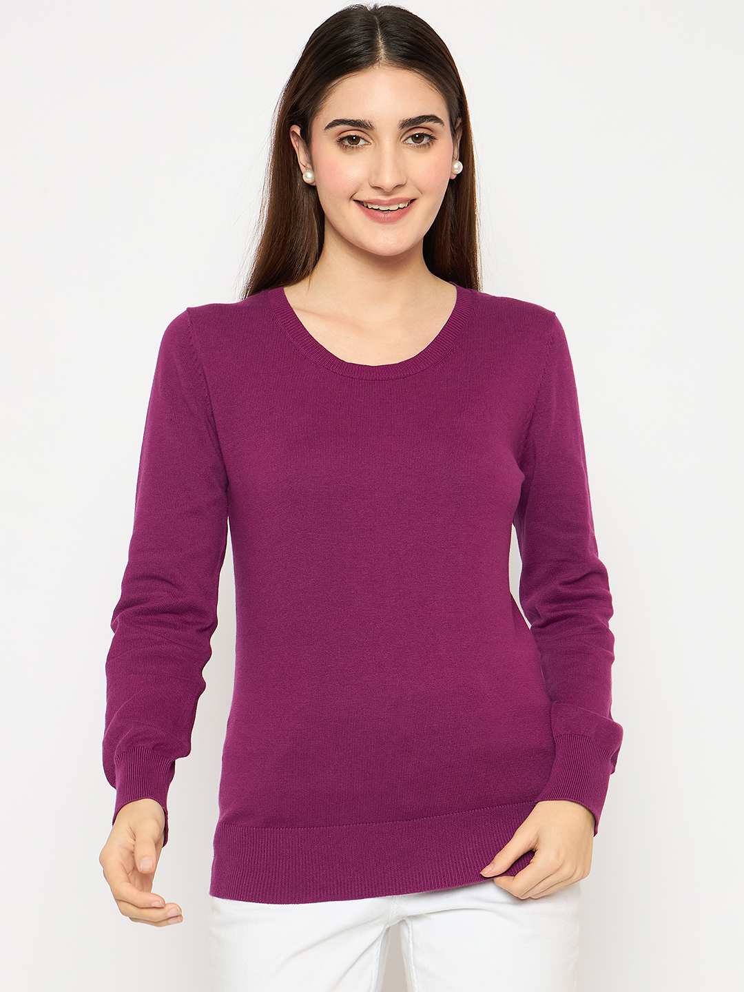 Madame Round Neck Ribbed Cuff Purple Sweater - Image 3