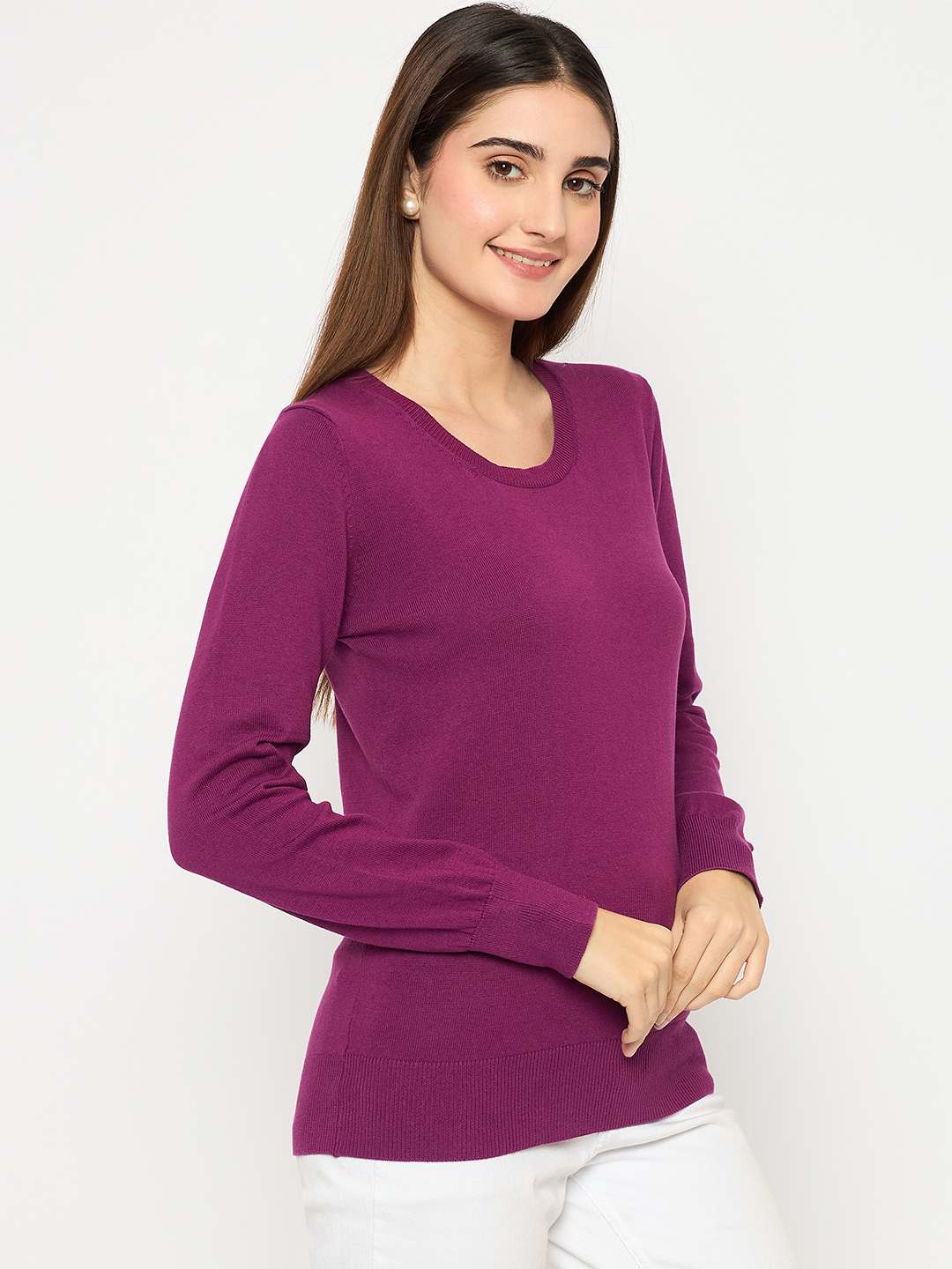 Madame Round Neck Ribbed Cuff Purple Sweater - Image 4
