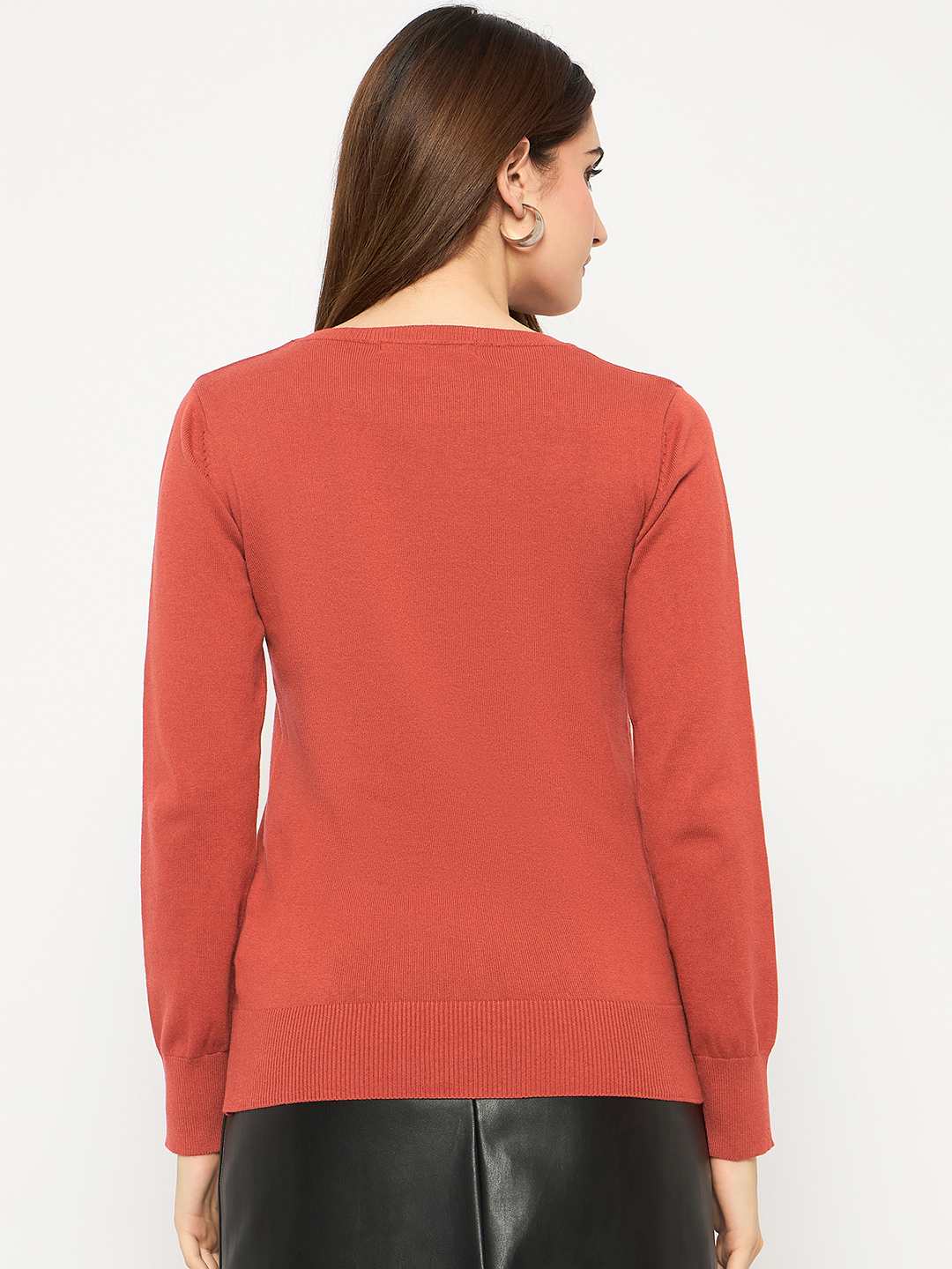 Madame Round Neck Ribbed Cuff Rust Red Sweater - Image 5