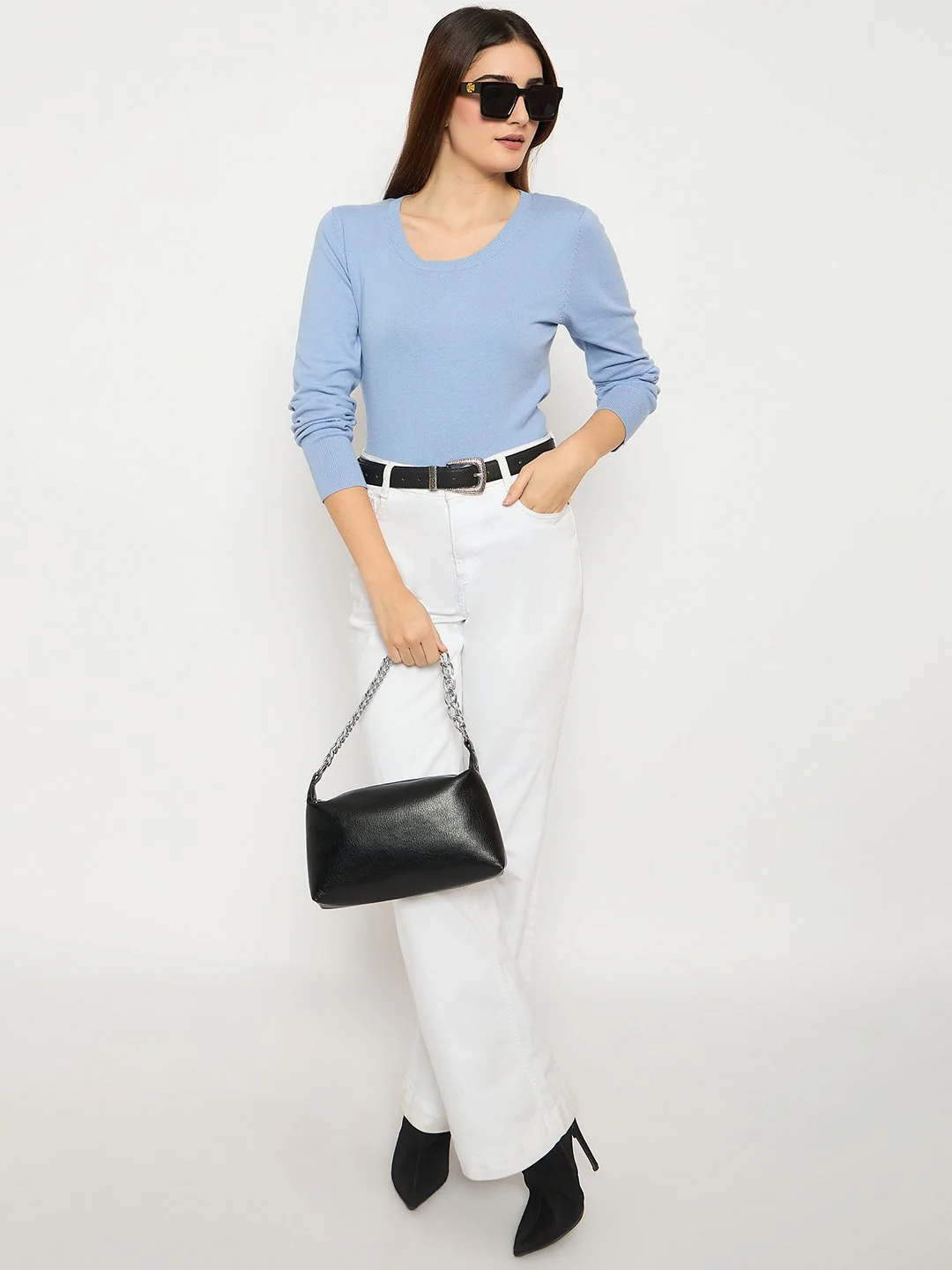 Madame Round Neck Ribbed Cuff Sky Blue Sweater - Image 2